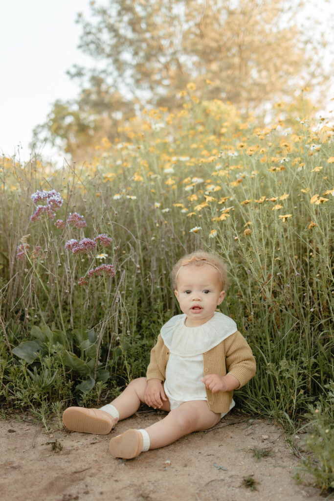 Baby milestone photos in wildflowers with soft natural light and spring flowers